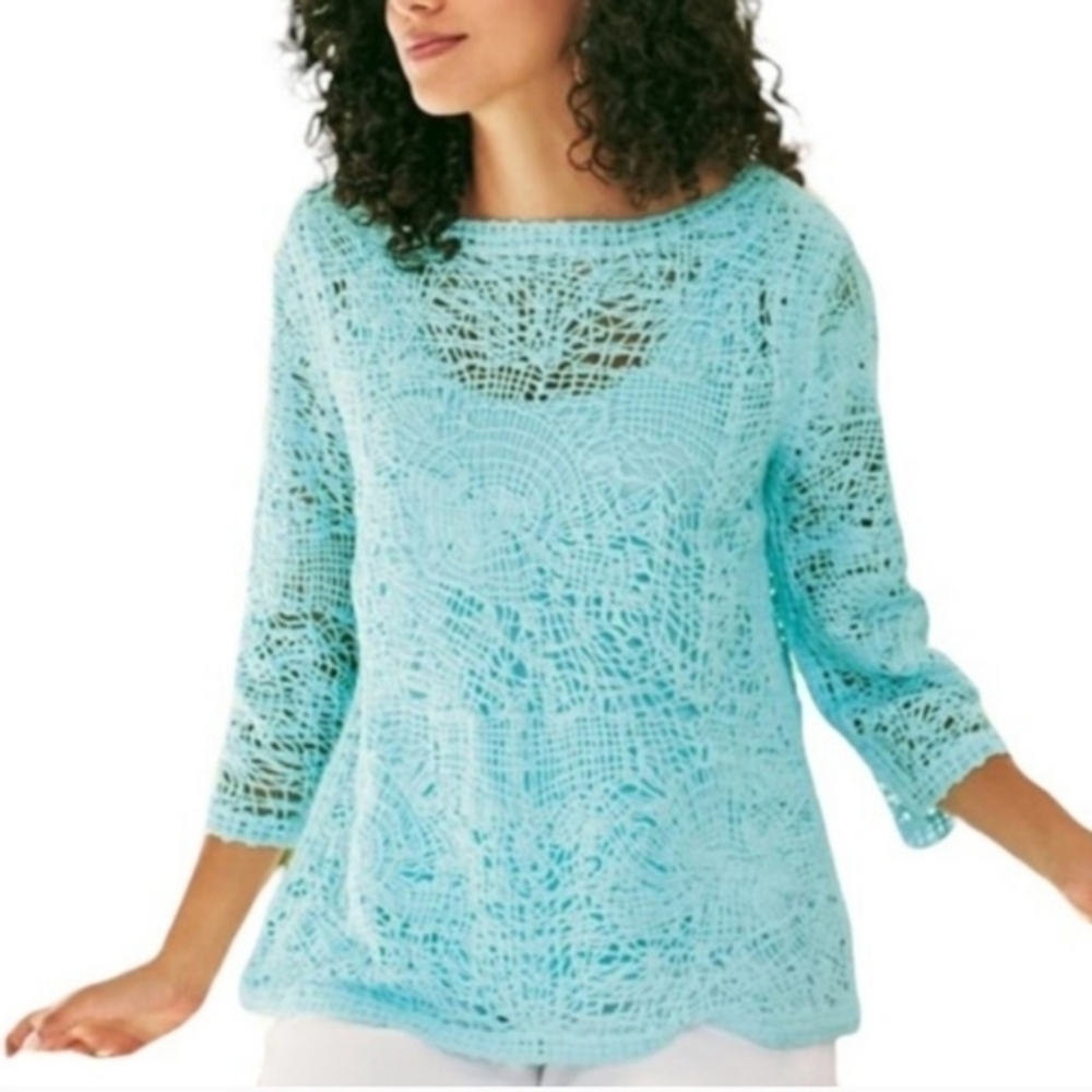 Soft surroundings Turquoise crochet blouse size medium.